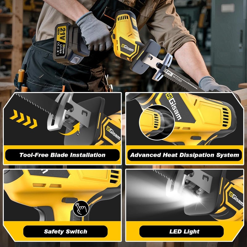 GIISAM Cordless Reciprocating Saw -2x4.0Ah Batteries, Brushless Motor, 3500SPM Max, One-Hand Operation, Tool-Free Blade Change, for DIY & Home Users - Image 4